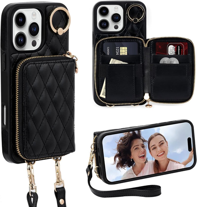 Keallce Case for iPhone 16 Pro 6.3'' Wallet Case, Crossbody Zipper Purse with Wristlet for Women, RFID Blocking Card Holders, 360° Ring Kickstand Flip Leather Case for iPhone 16 Pro, Black - Image 1